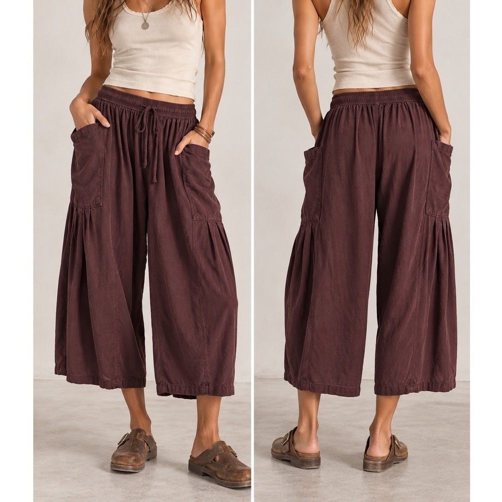 FREE PEOPLE Chocolate Brown Pull-On Cropped Wide Barrel Leg Pants